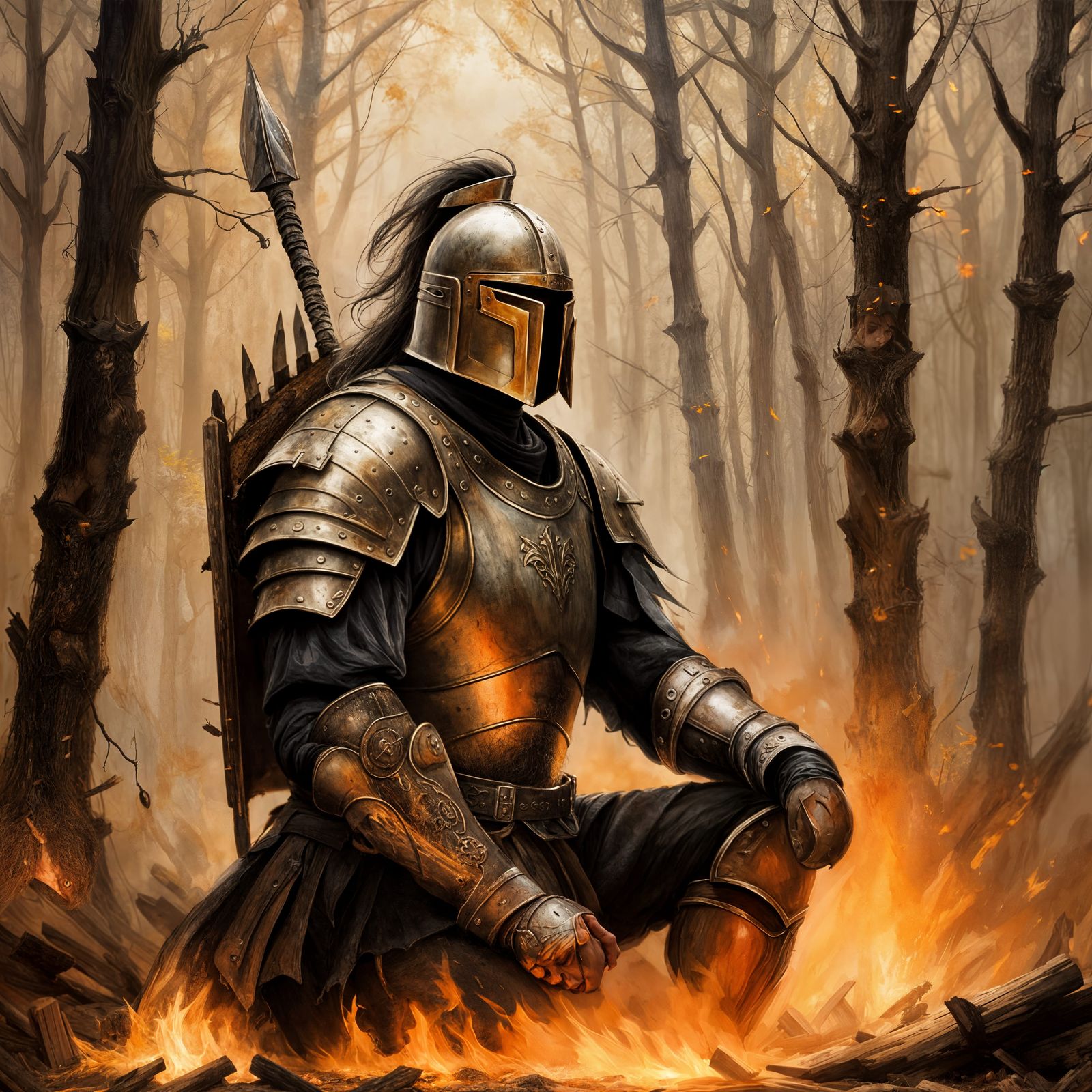 Warrior and Wolf Contemplate After Battle