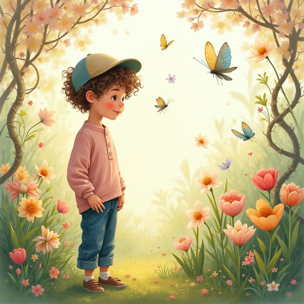 Whimsical Boy in Vibrant Spring Garden