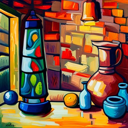 Whimsical Lava Lamp in Cottage: Expressionist Oil Painting