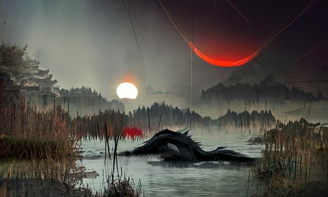 Dragon Rising from Lake Under Red Moon