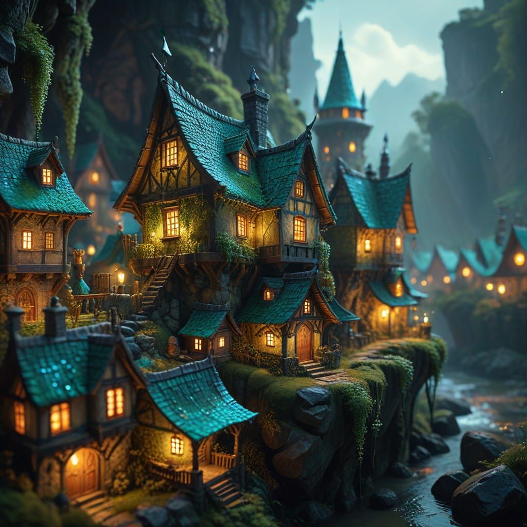 Miniature Medieval Village Inside Tiffany Lampshade