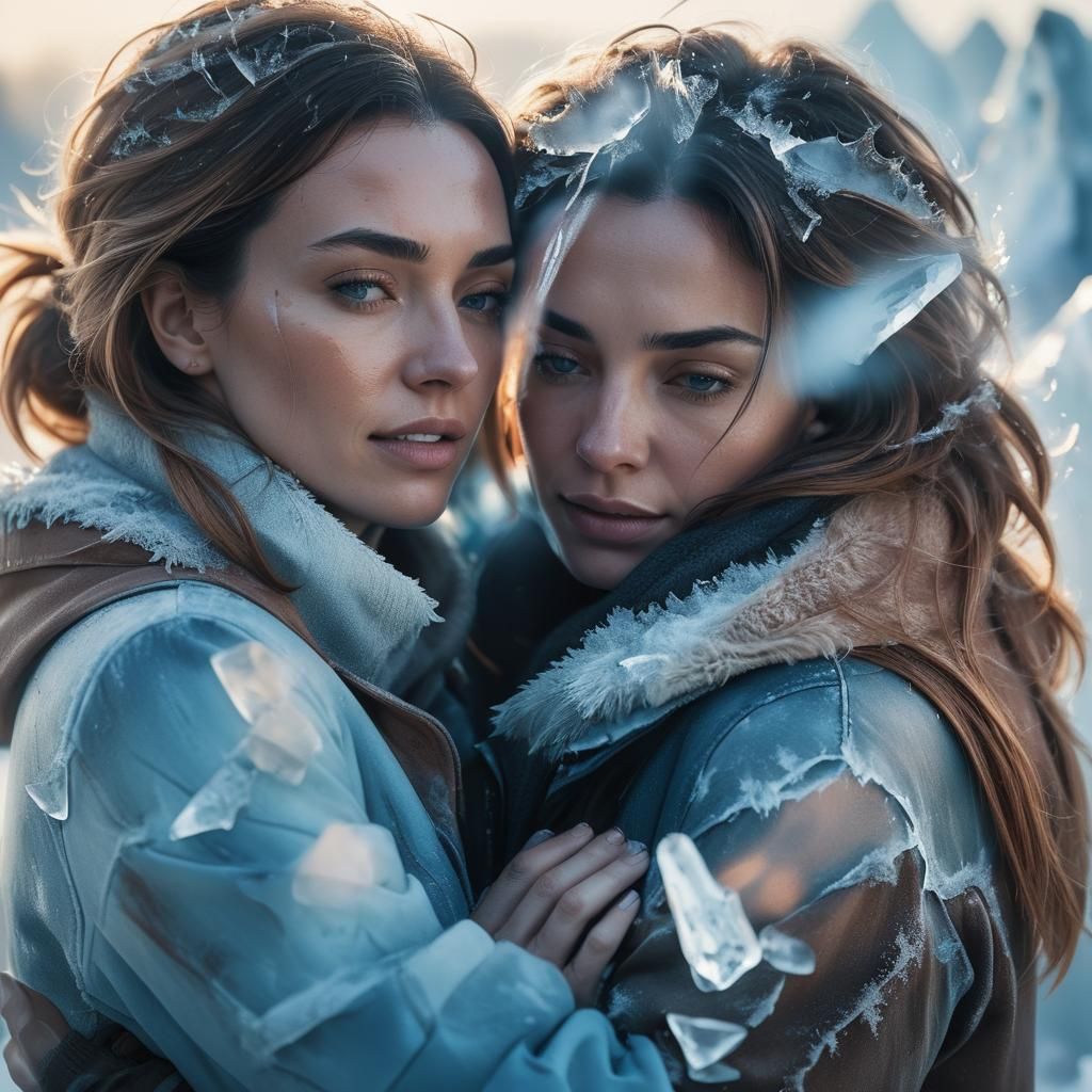 Hyperrealistic Photo of Two Women Hugging in Ice