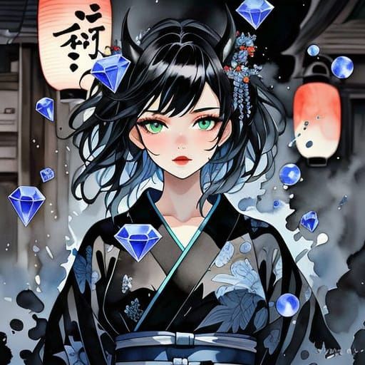 Vibrant Anime Goth Geisha in Watercolor Style