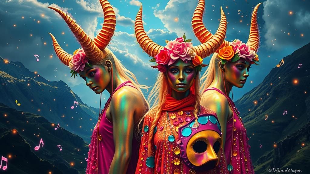People with Majestic Horns in Surreal Landscape