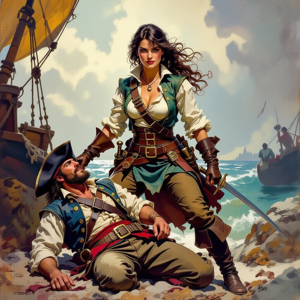 Adventurous Lady Captures Pirate in Gouache Painting