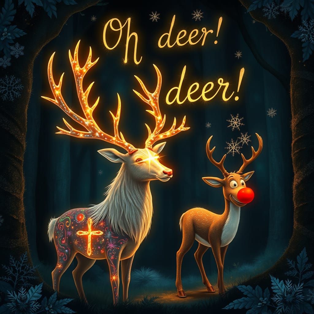 Mystical Stag and Rudolf in Dark Forest