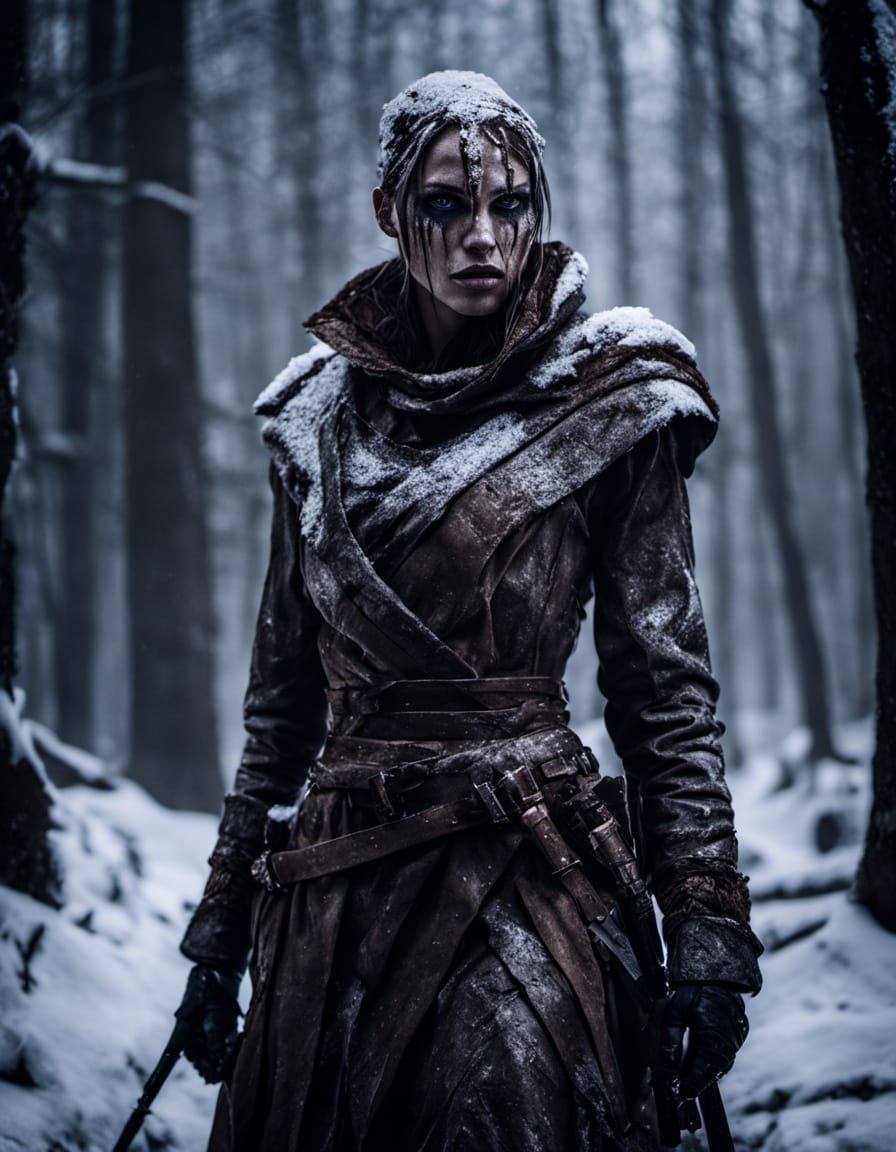 Mud-Covered Huntress in Snow Biome: Ethereal Fashion Photogr...