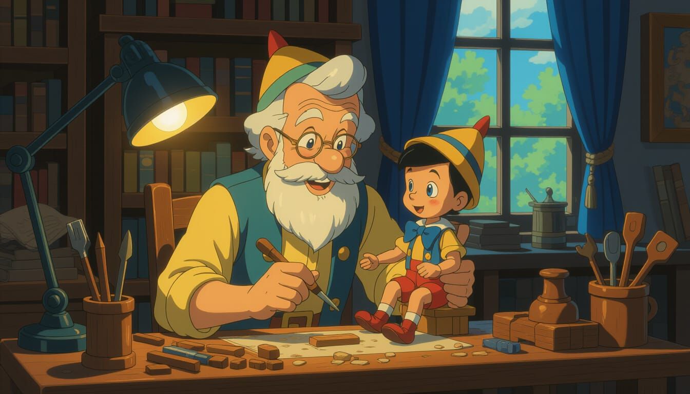 "Geppetto sculpting Pinocchio"