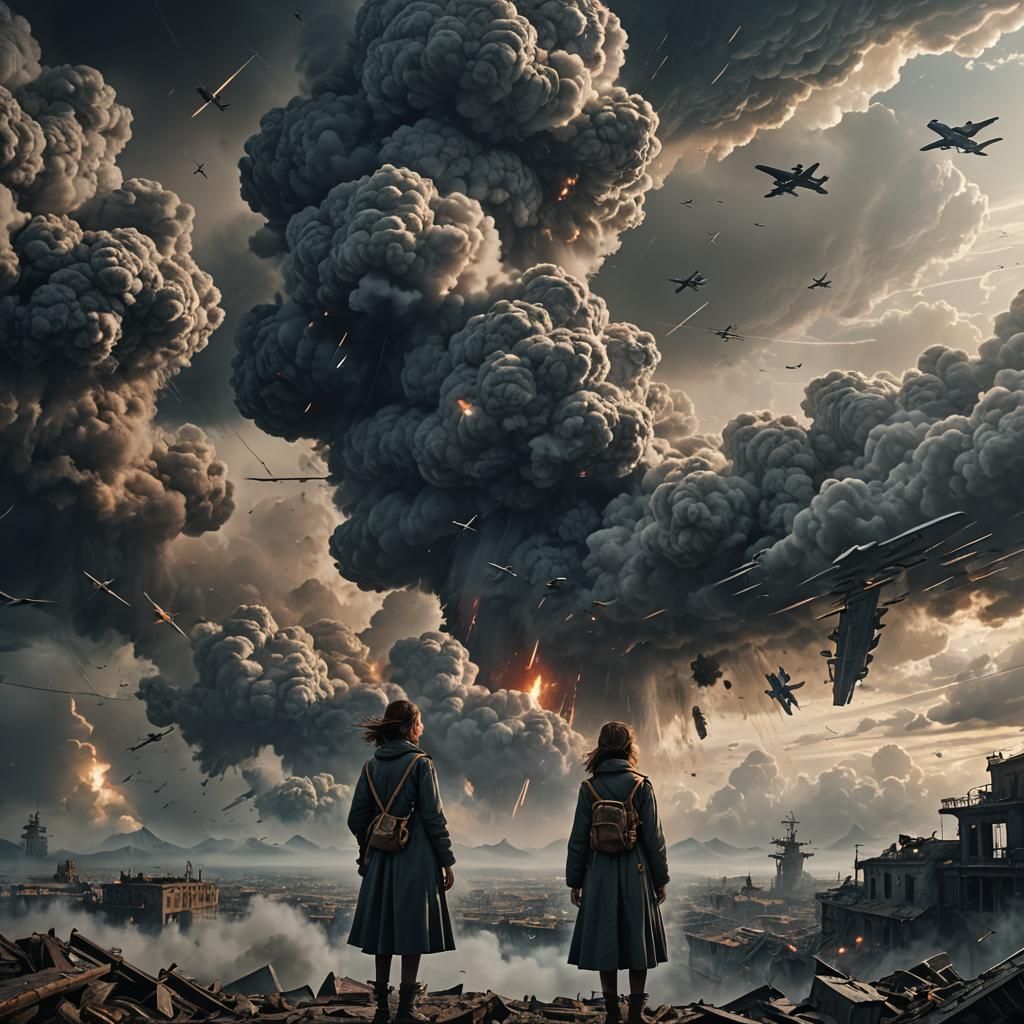 Woman Fading into Clouds During War