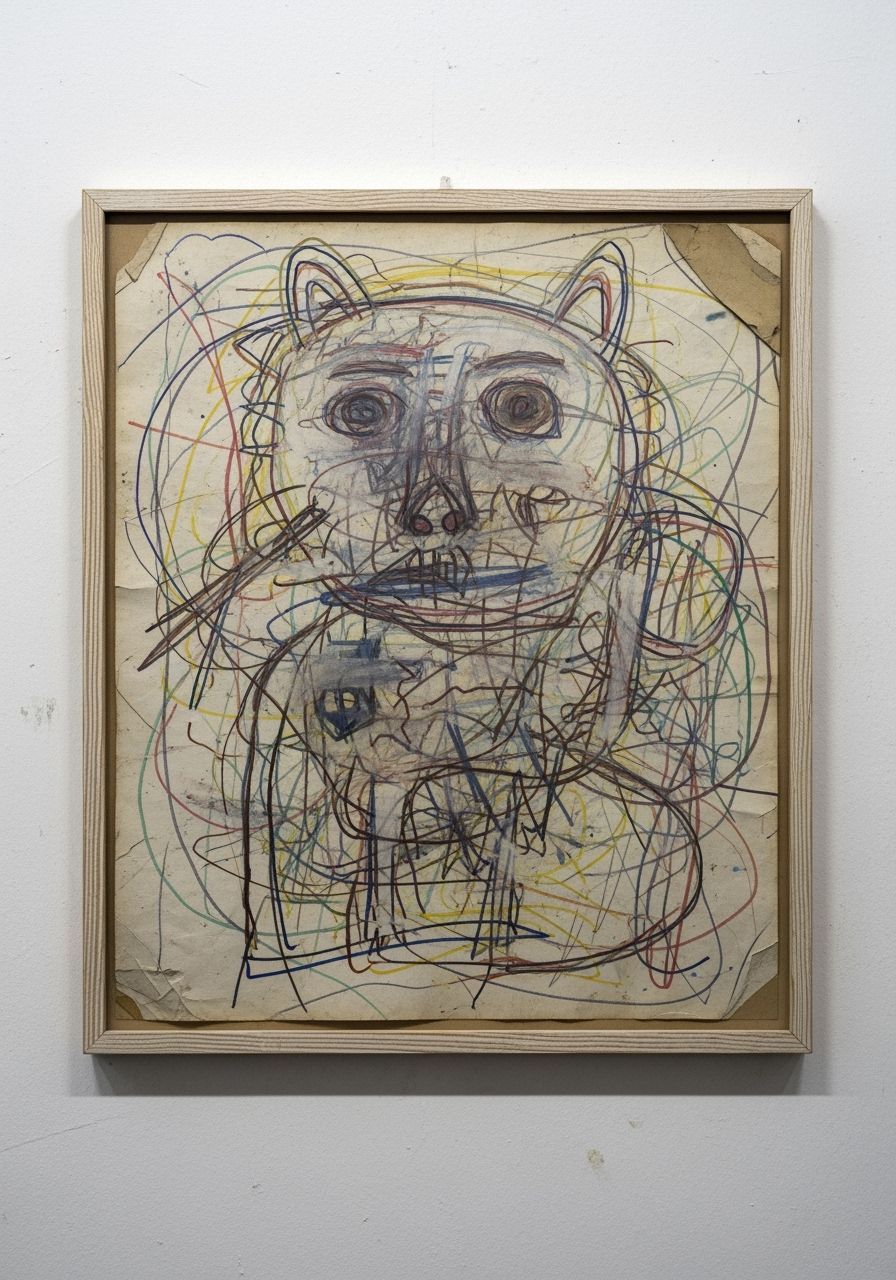 Chaotic Scribble Drawing Framed on White Wall