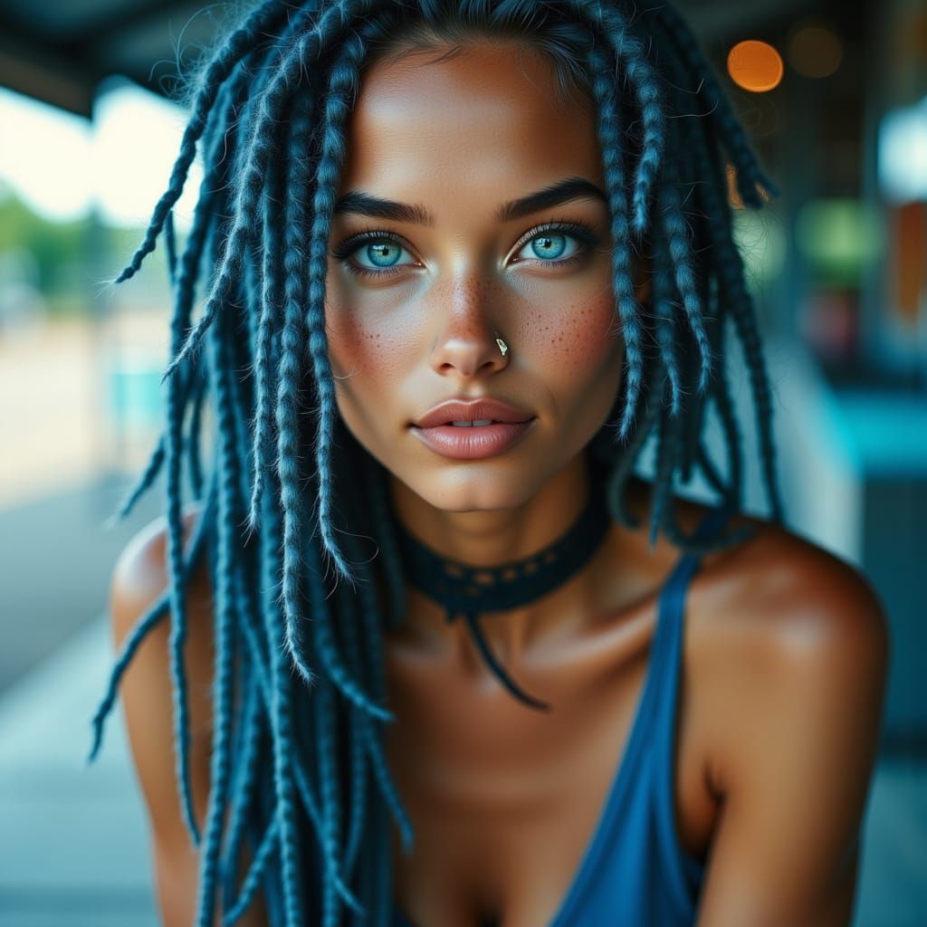 Gynoid Idol with Blue-Grey Dreadlocks and Neon Eyes