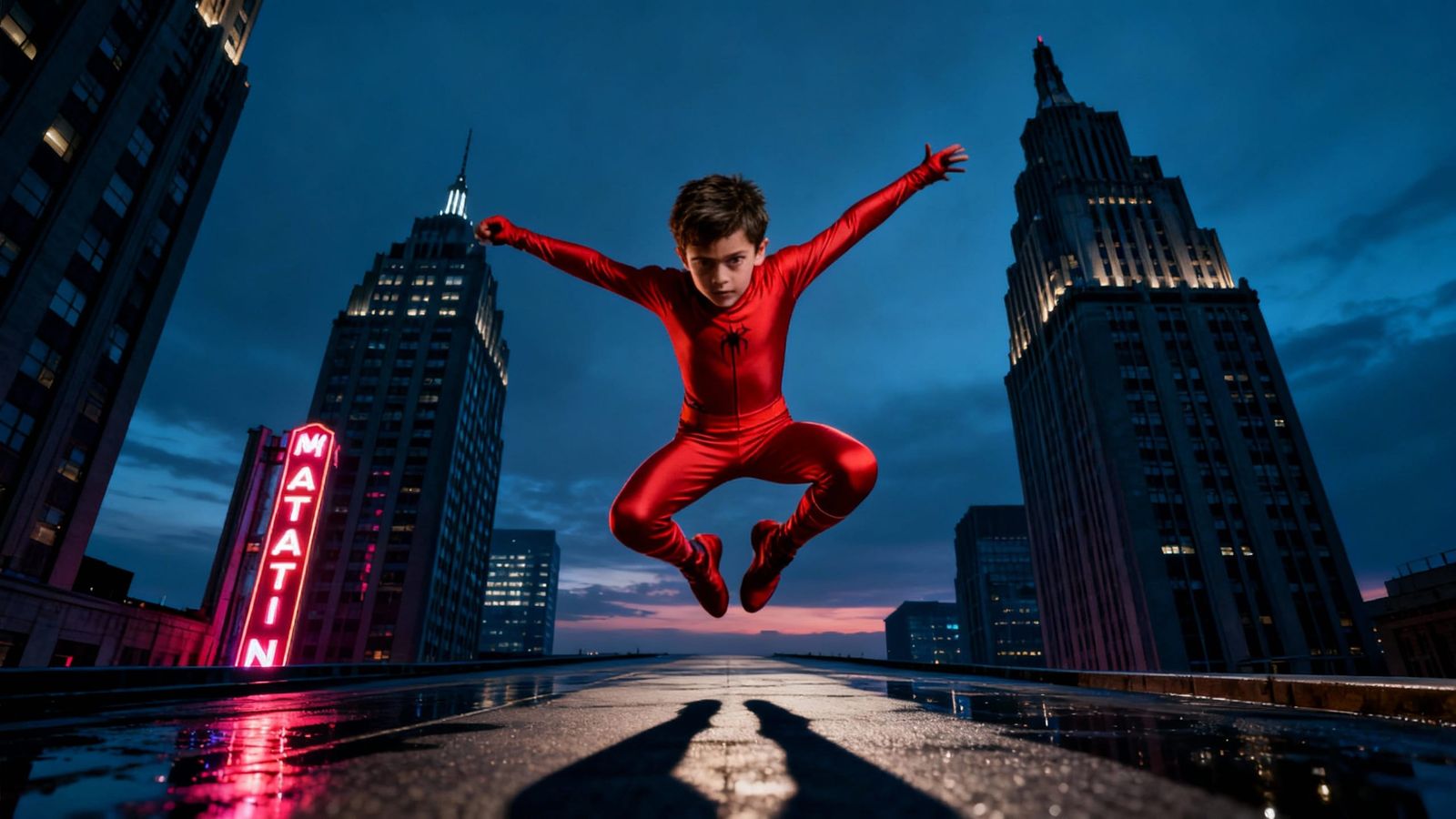 Superhero Leaps Between Art Deco Skyscrapers at Twilight