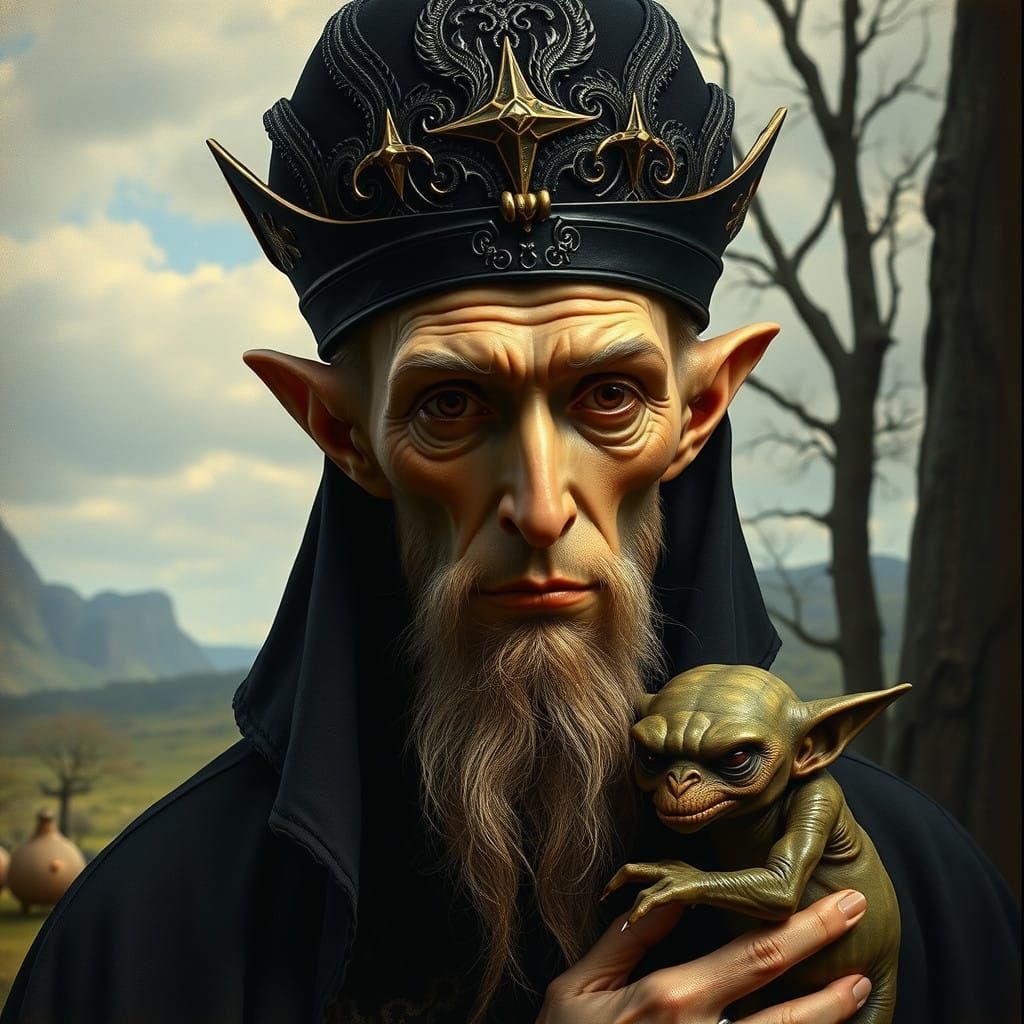 Dark Sorcerer with Goblin Companion in Haunting Landscape