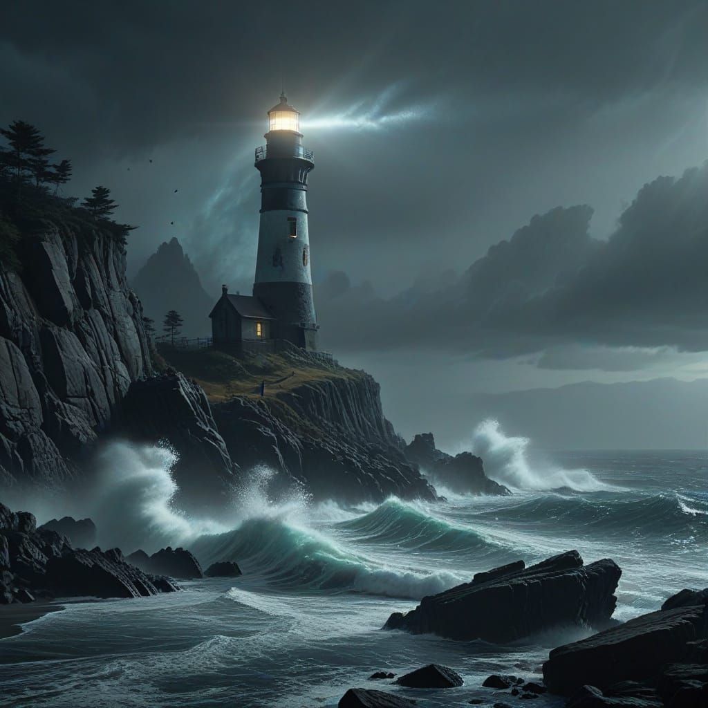 Lonely Lighthouse on Rocky Shore in Fog