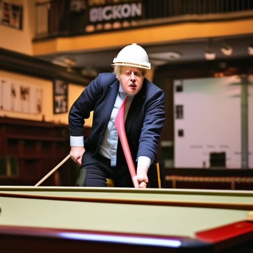 Boris Johnson tries to play snooker (and fails miserably). Wearing hard hat and hi Vis waistcoat. At the crucible.