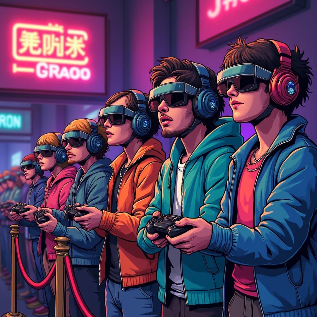 Vibrant Gamers in Neon- Lit Queue