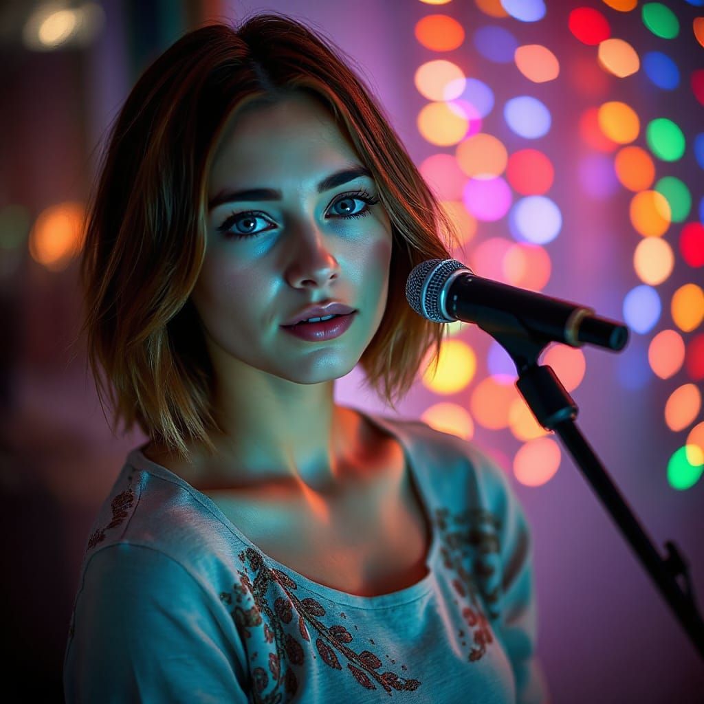 Romantic Woman Immersed in Vibrant Lights