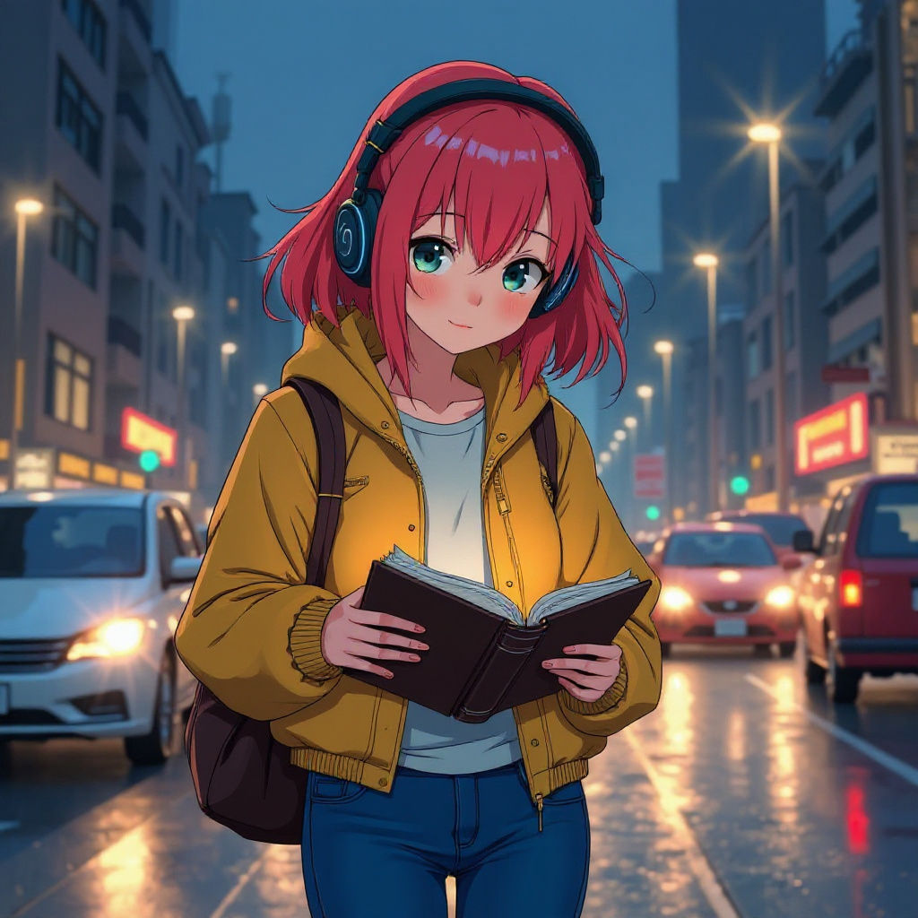 Anime Girl Writes in Notebook While Walking in City