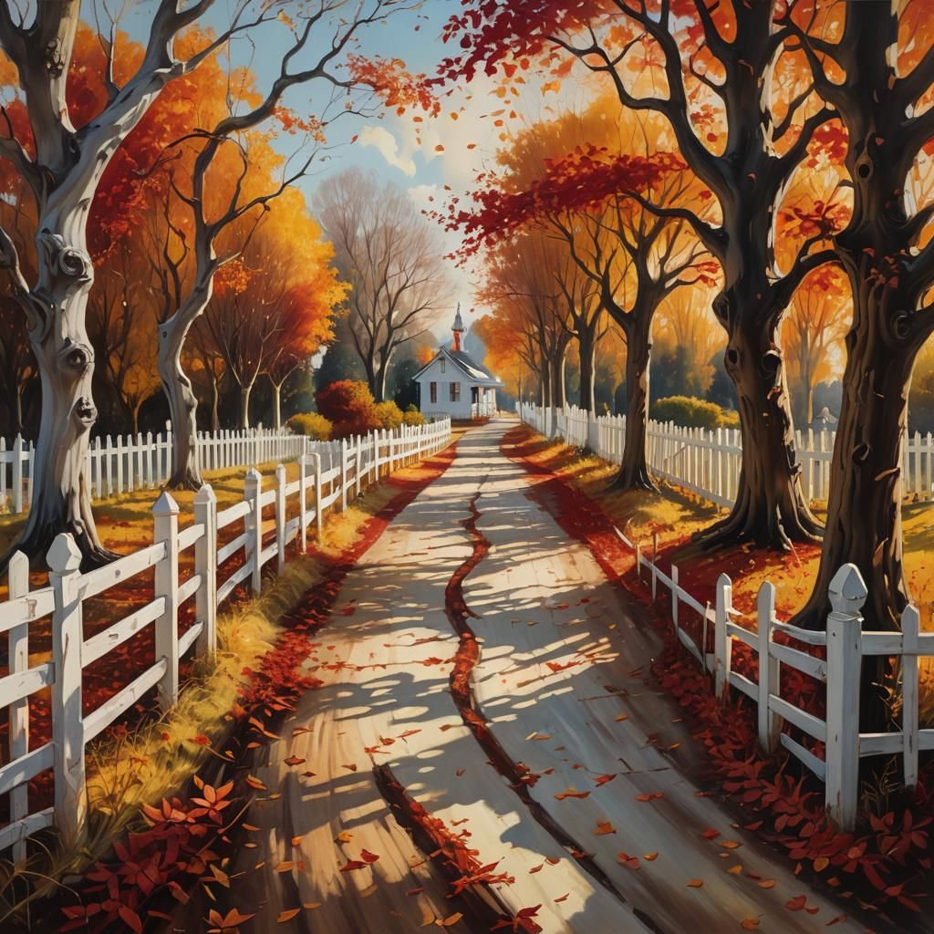 Surreal Autumn Path with Melting Effects, Oil on Canvas