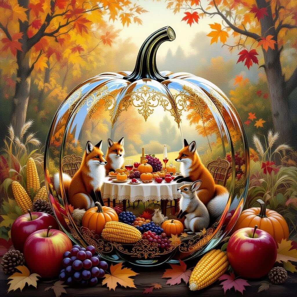 Crystal Glass Pumpkin Holds Autumn Harvest Feast