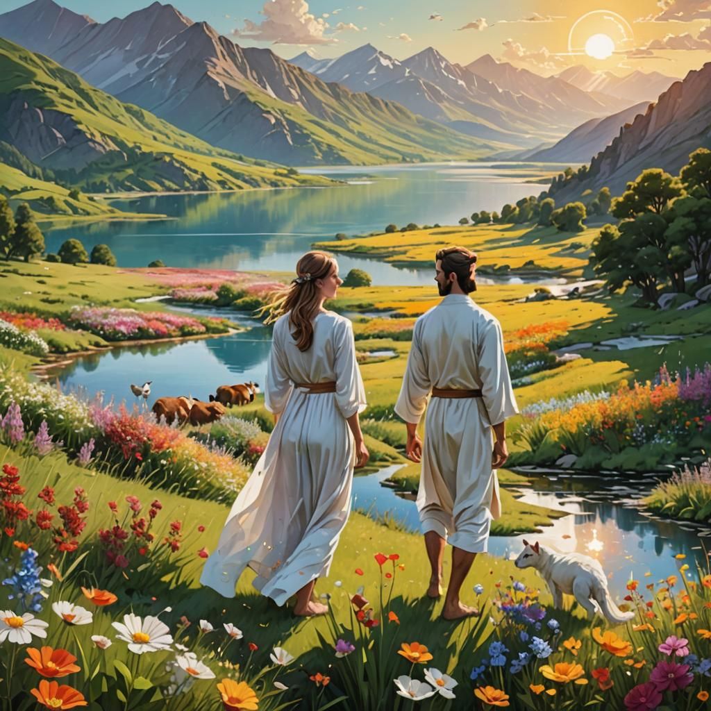 Hyperrealistic Couple Gazing at Eden-like Landscape