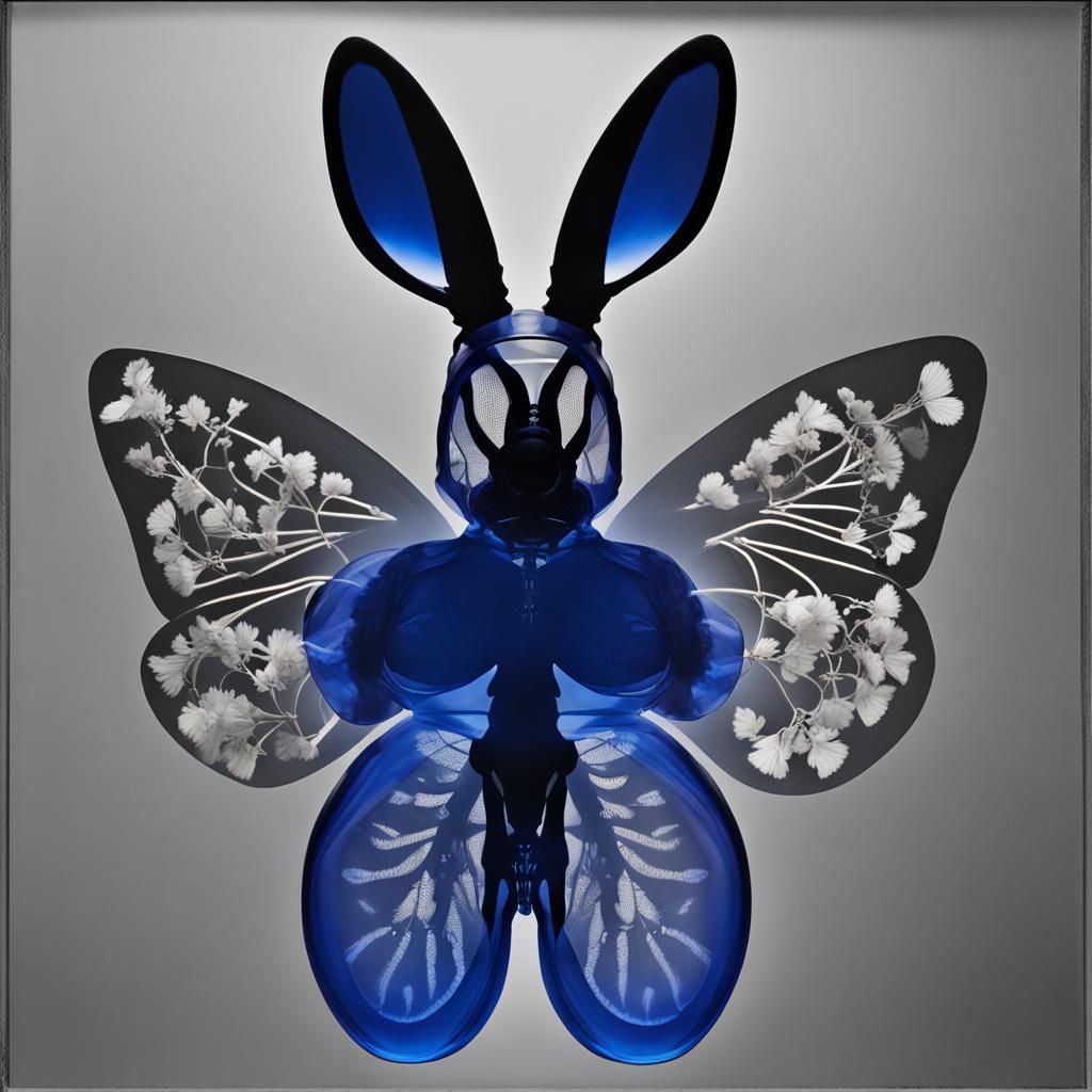 Photogram of blue glass bunny with  butterfly wings  by Mann Ray, Photogram, flowers inside the  glass butterfly wings, ...