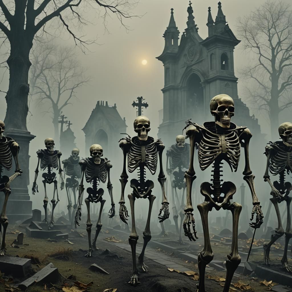 Sinister Skeletons March Through Gothic Cemetery