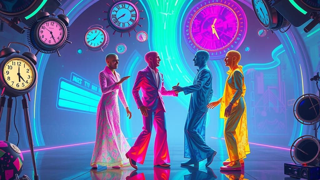 Surreal Futuristic Entities Dance in Vibrant, Iridescent Att...