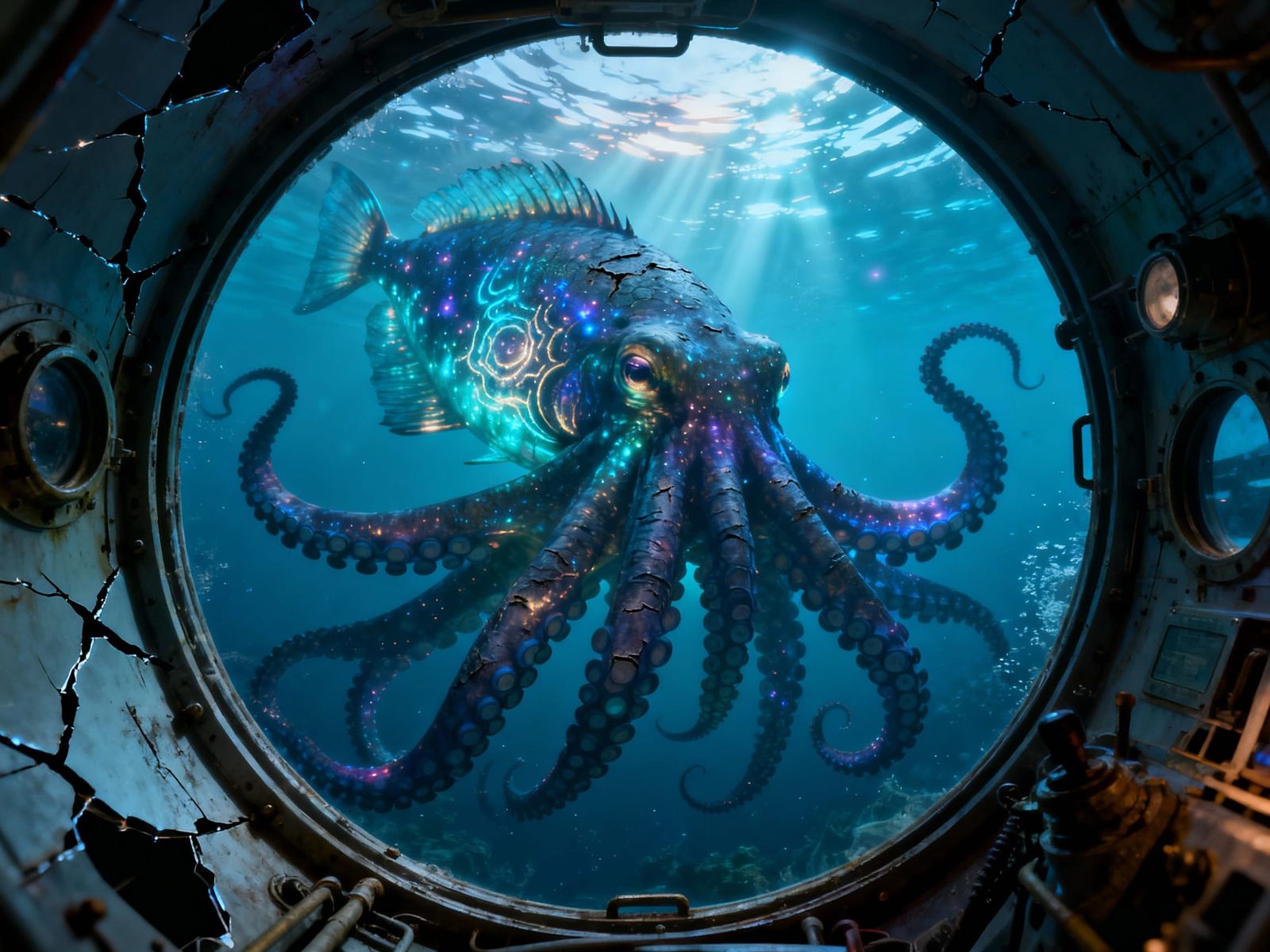 Submarine POV Encounter with Cosmic Octopus in Deep Sea