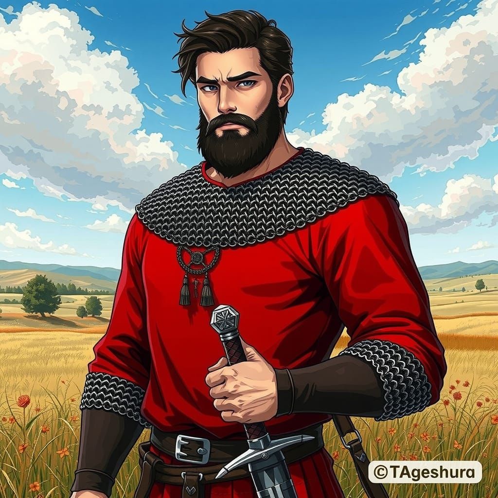 Dark Anime Warrior in Vibrant Red Chainmail