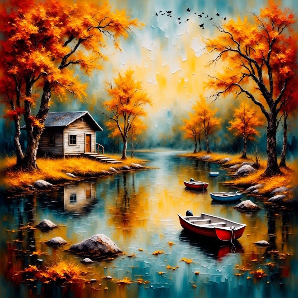 <lora:Smokey grunge:1.0> This is a captivating autumnal dreamscape, glowing with painterly finesse and rich contrasts 🎨...