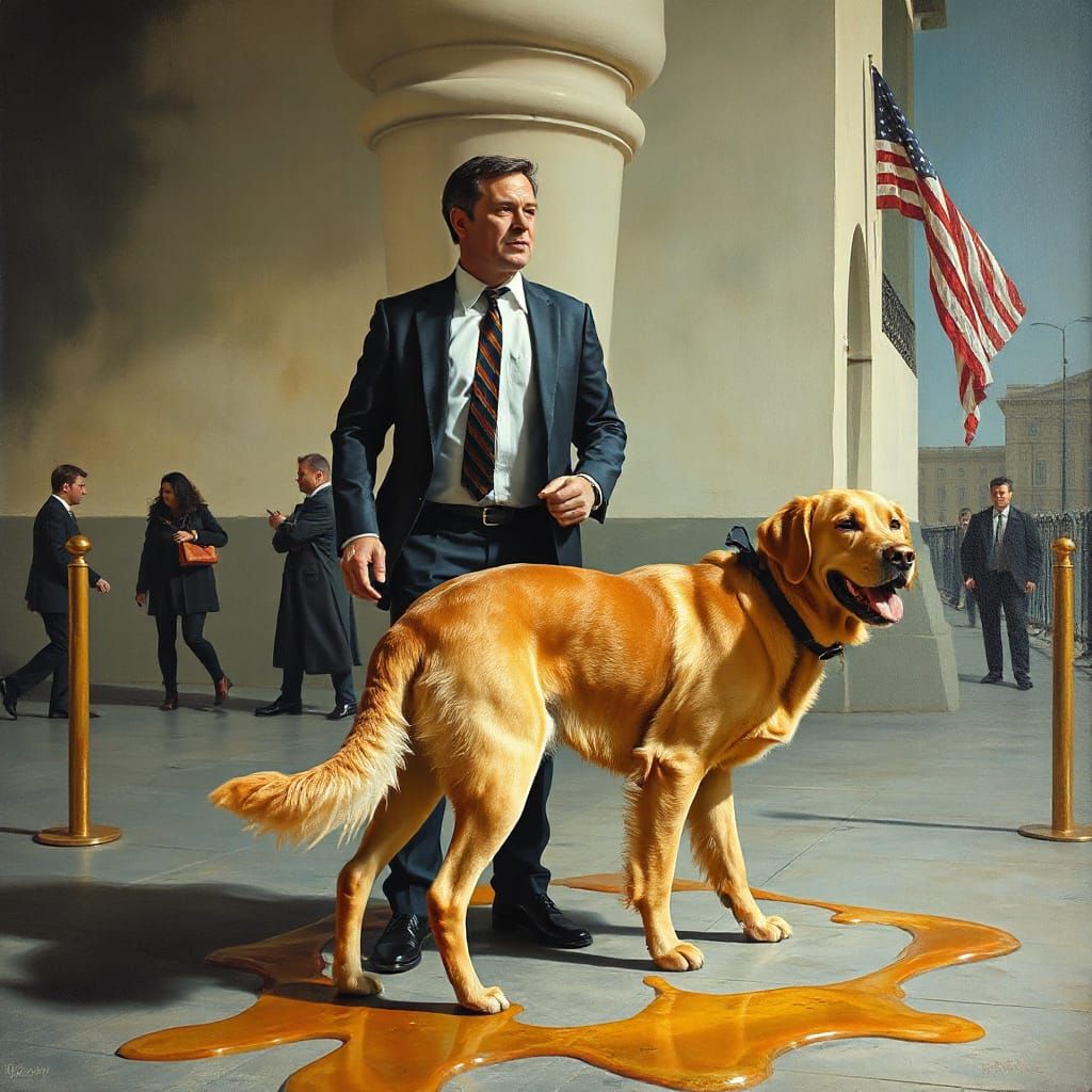 Surreal Scene: AI, Stockbroker & Golden Retriever