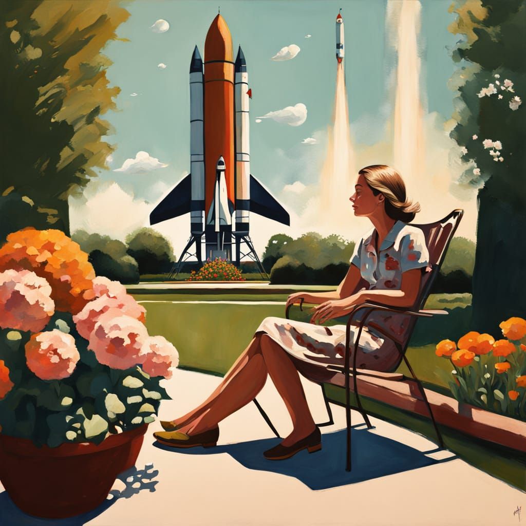 Photorealistic Garden Scene with Space Rocket in the Backgro...