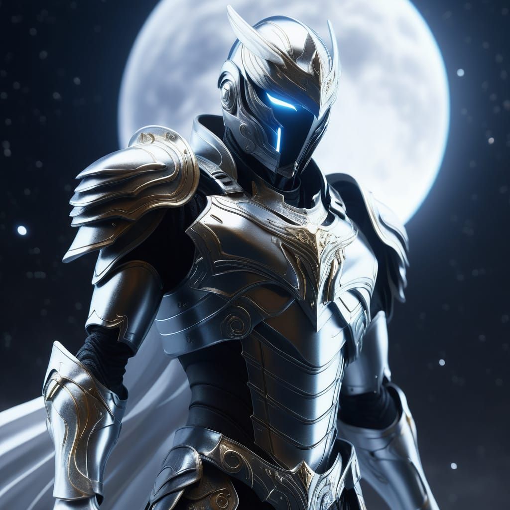 Sleek Metallic Armor on Phantom Figure in Ethereal Moonlight