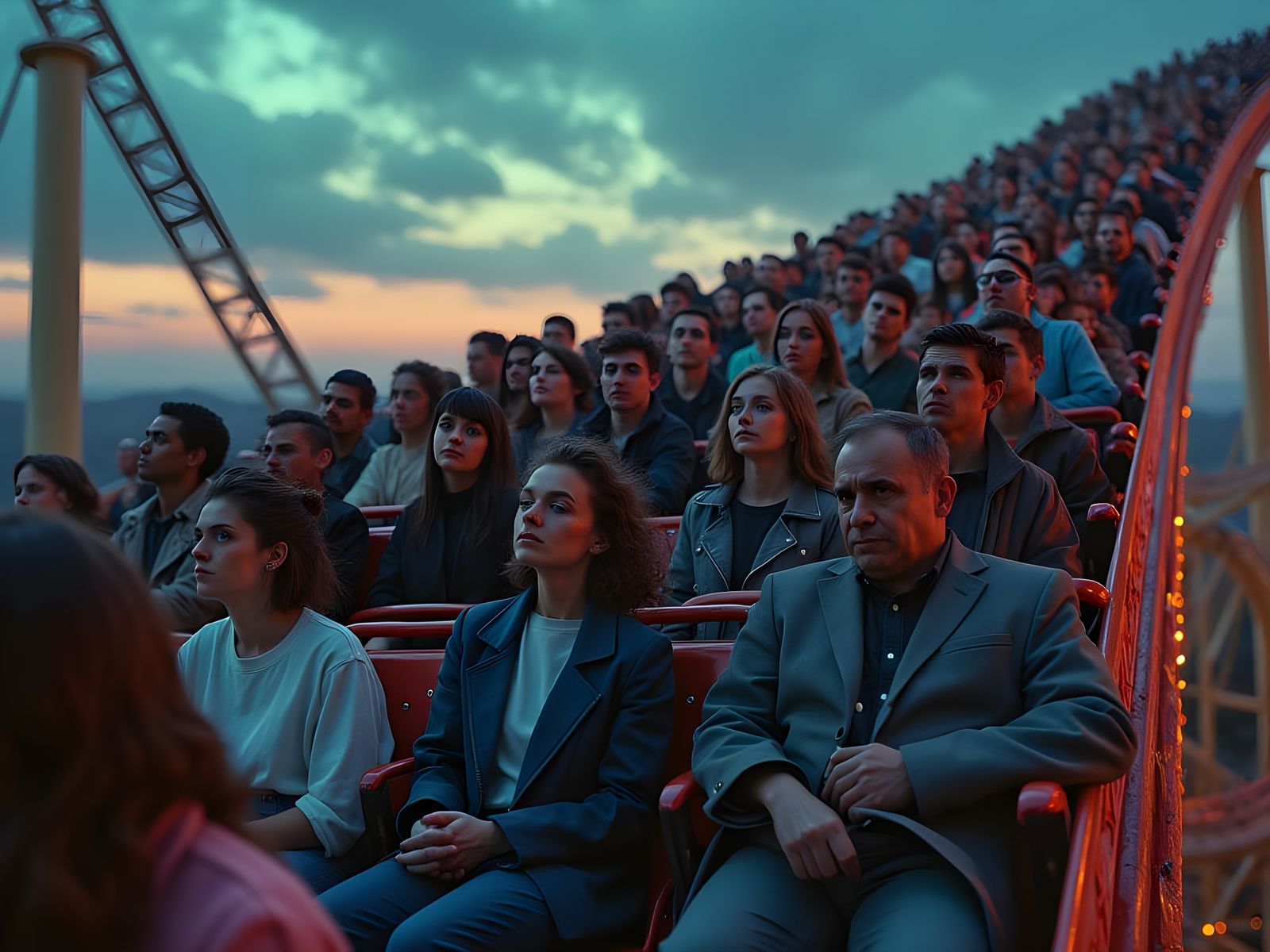 Surreal Crowd on a Dark Roller Coaster Ride