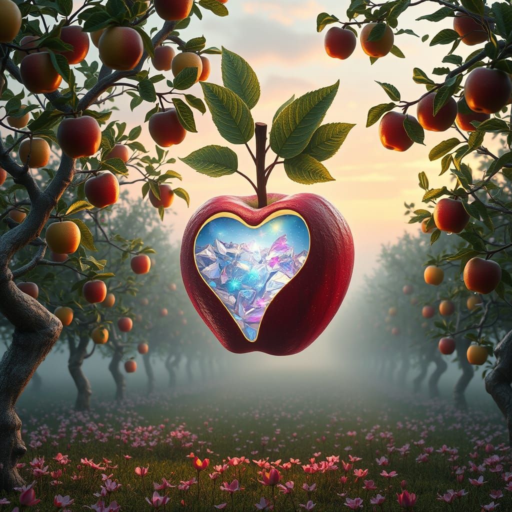 Dreamlike Orchard Scene at Dusk with Glowing Apples and Fire...