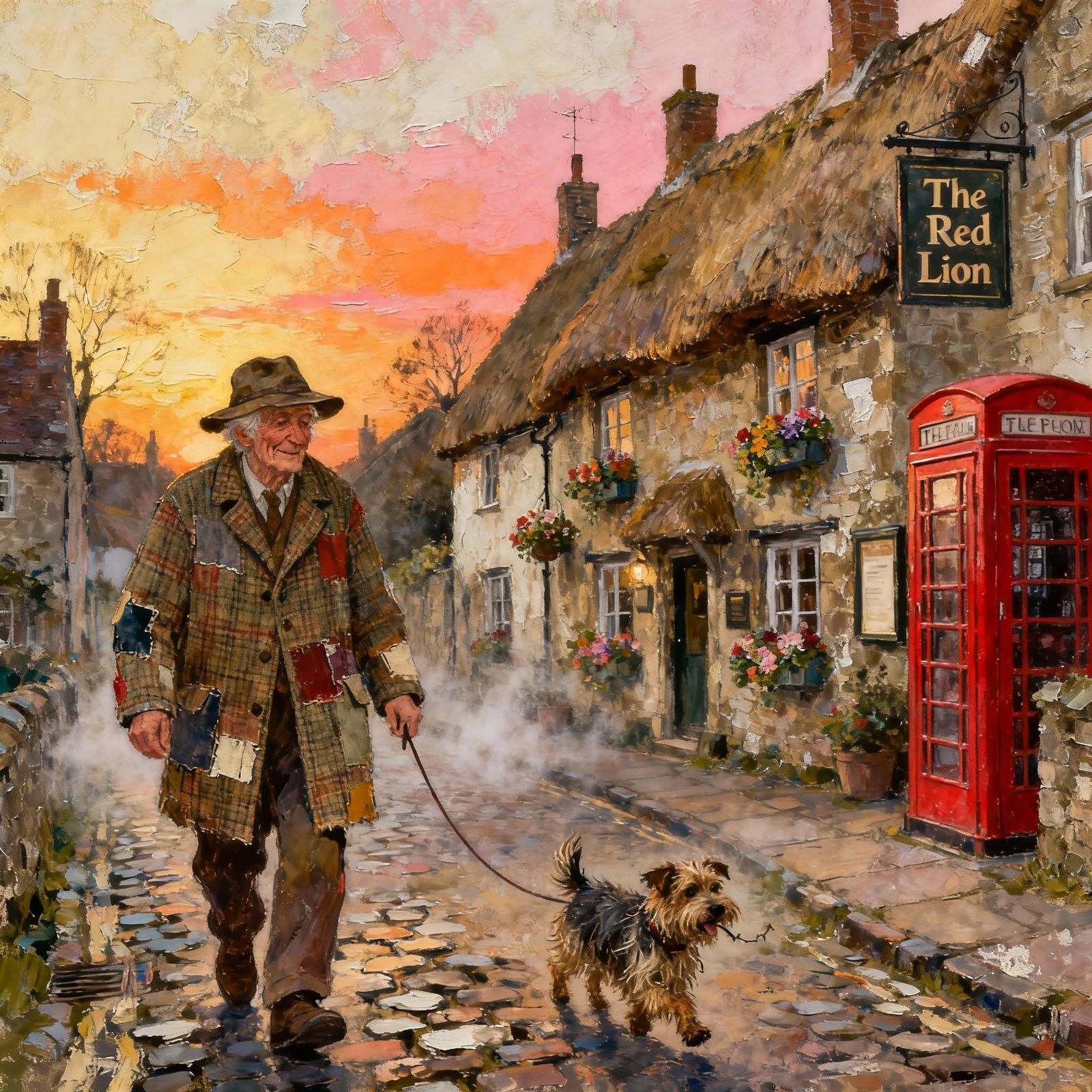 Quirky Old Man Walks Dog in English Village