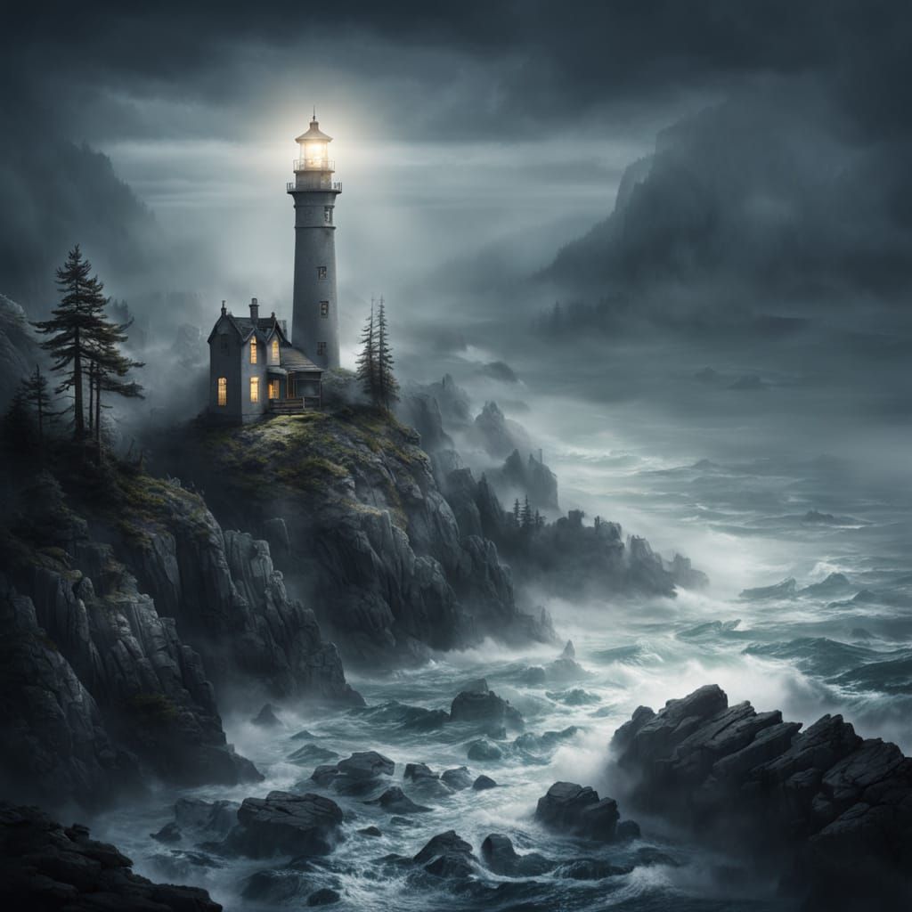 Moody Lighthouse in Foggy Forest Concept Art