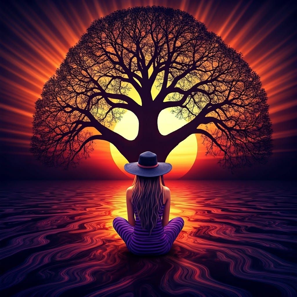 Mystical Woman Meditating Under Dragon Sunset