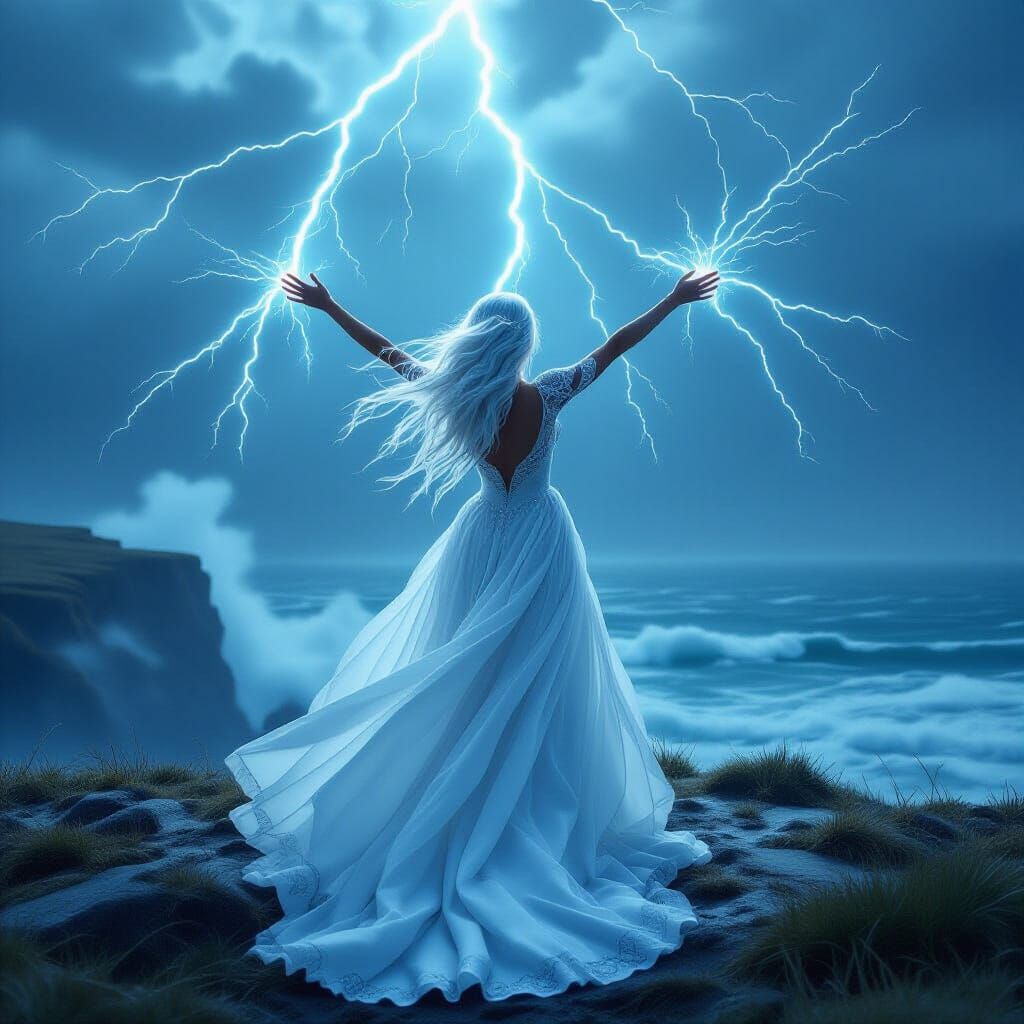 Storm Woman with Lightning Powers in Hyperrealism Style