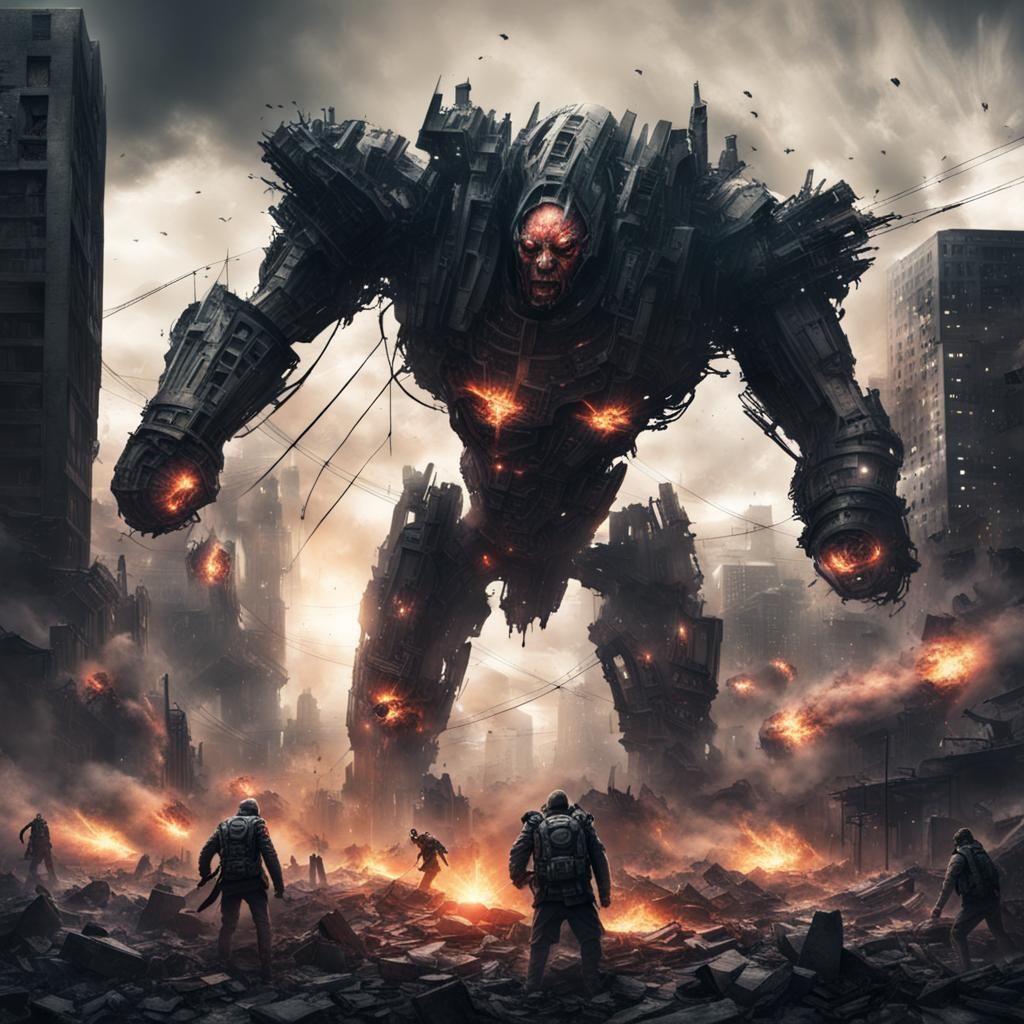 Dark Cyborgs Destroying City with Fire