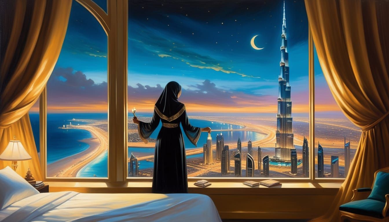 Dubai Nighttime Scene from a Bedroom Window in Whimsical Oil...