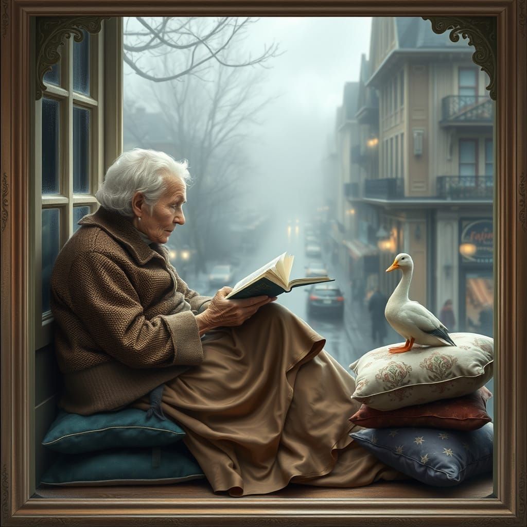 Cozy Scene: Woman Reads to Duck in Rainy Window