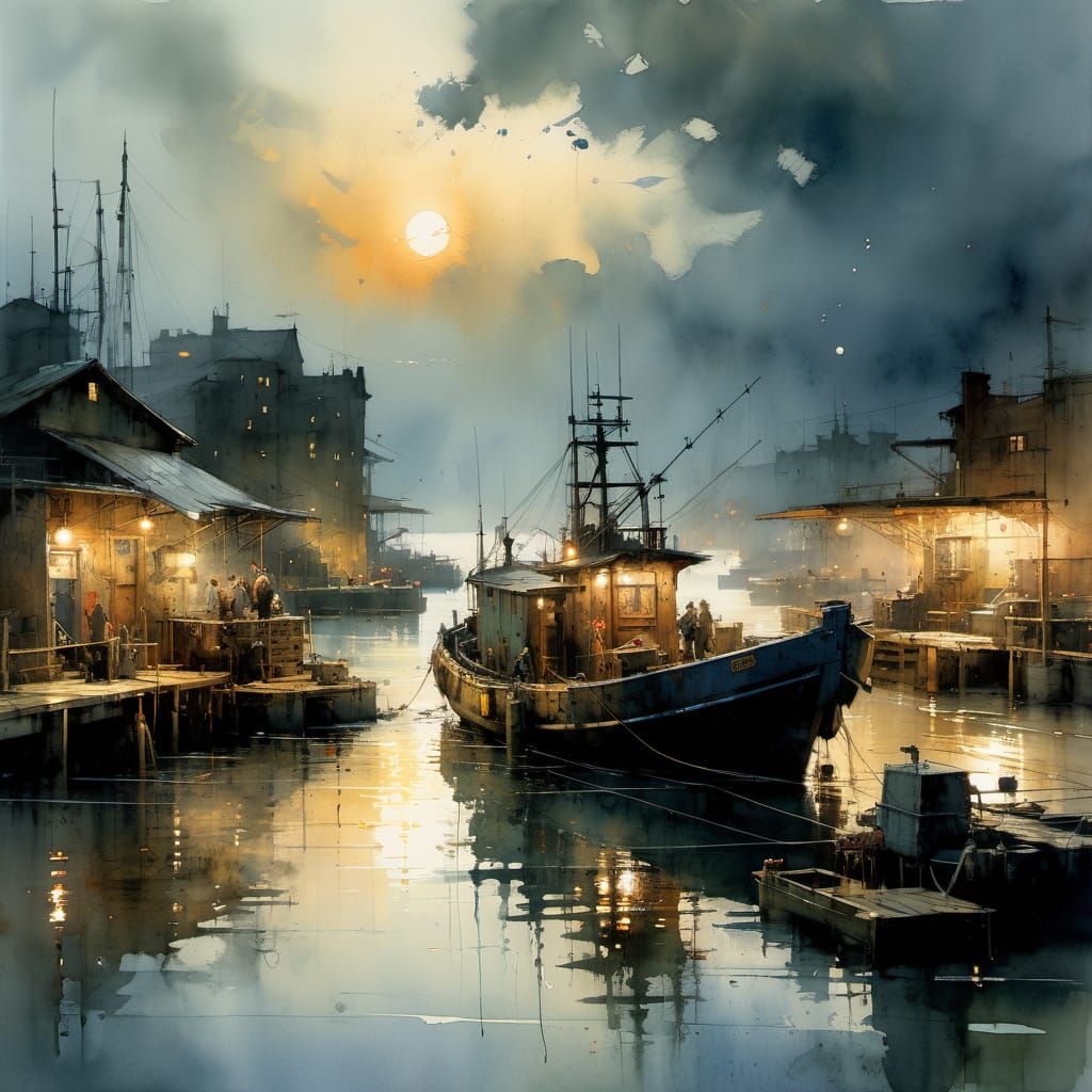 Fishing Barge at Dusk: Detailed Watercolor Painting