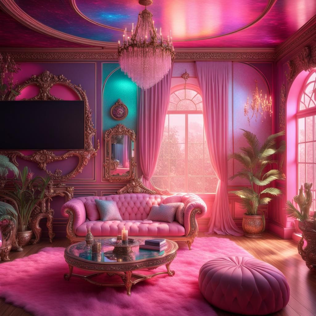 Dreamy beautiful fantasy living room with pink walls& shimmery vibes& fantasy vibes& beautiful craftsmanship vibes& ethe...