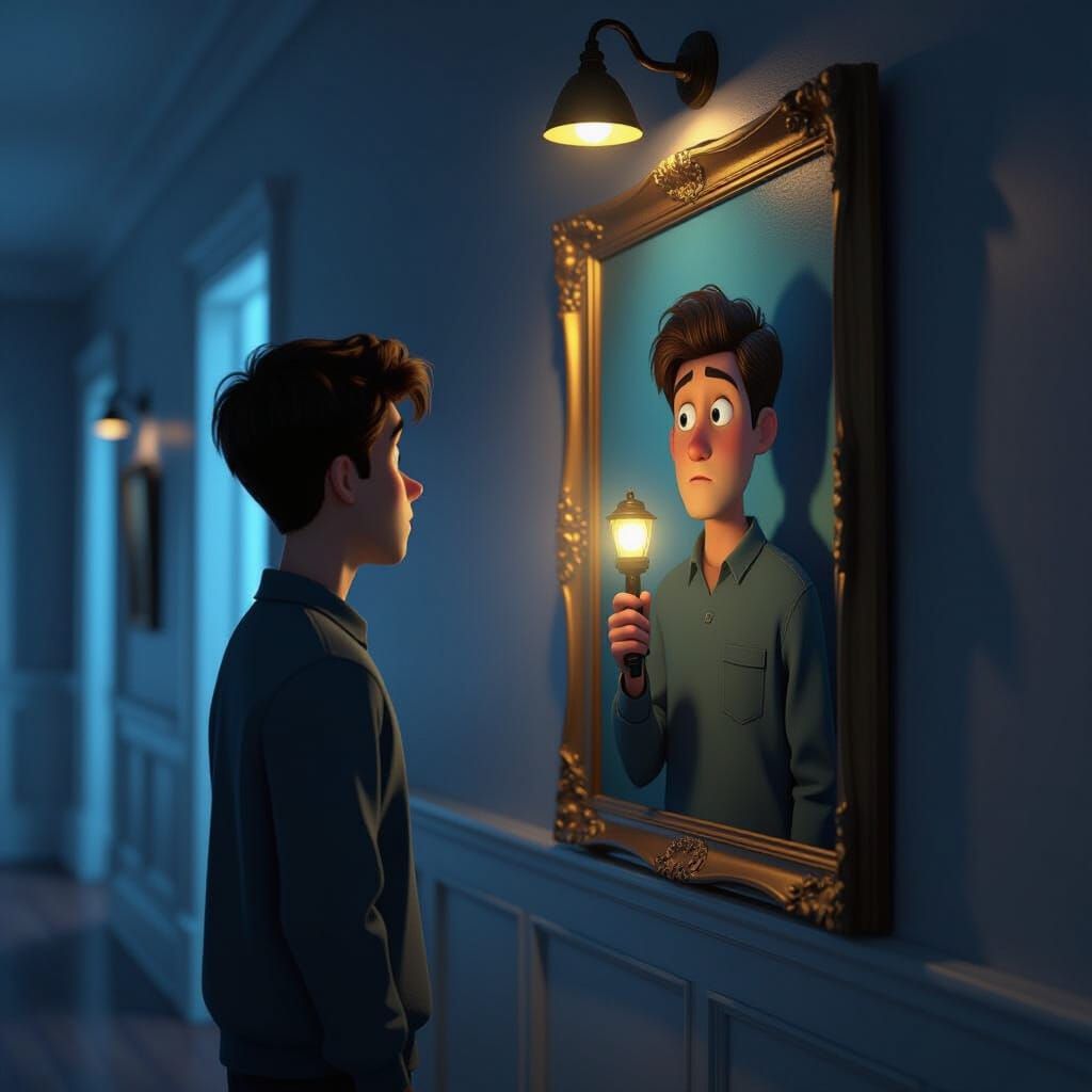 Man Stares At Painting That Mirrors Him Holding Flashlight