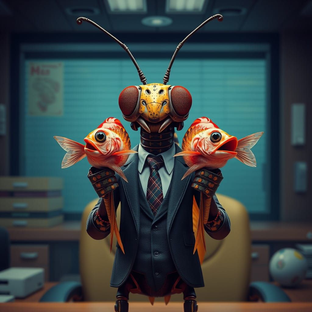 Mechanical Cricket in Office Attire Holding Fish, Inspired b...
