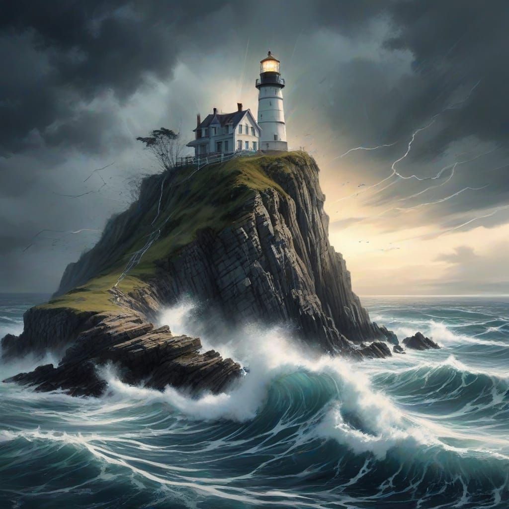 Dramatic Stormy Seaside Cliff with Lighthouse in Moody Water...