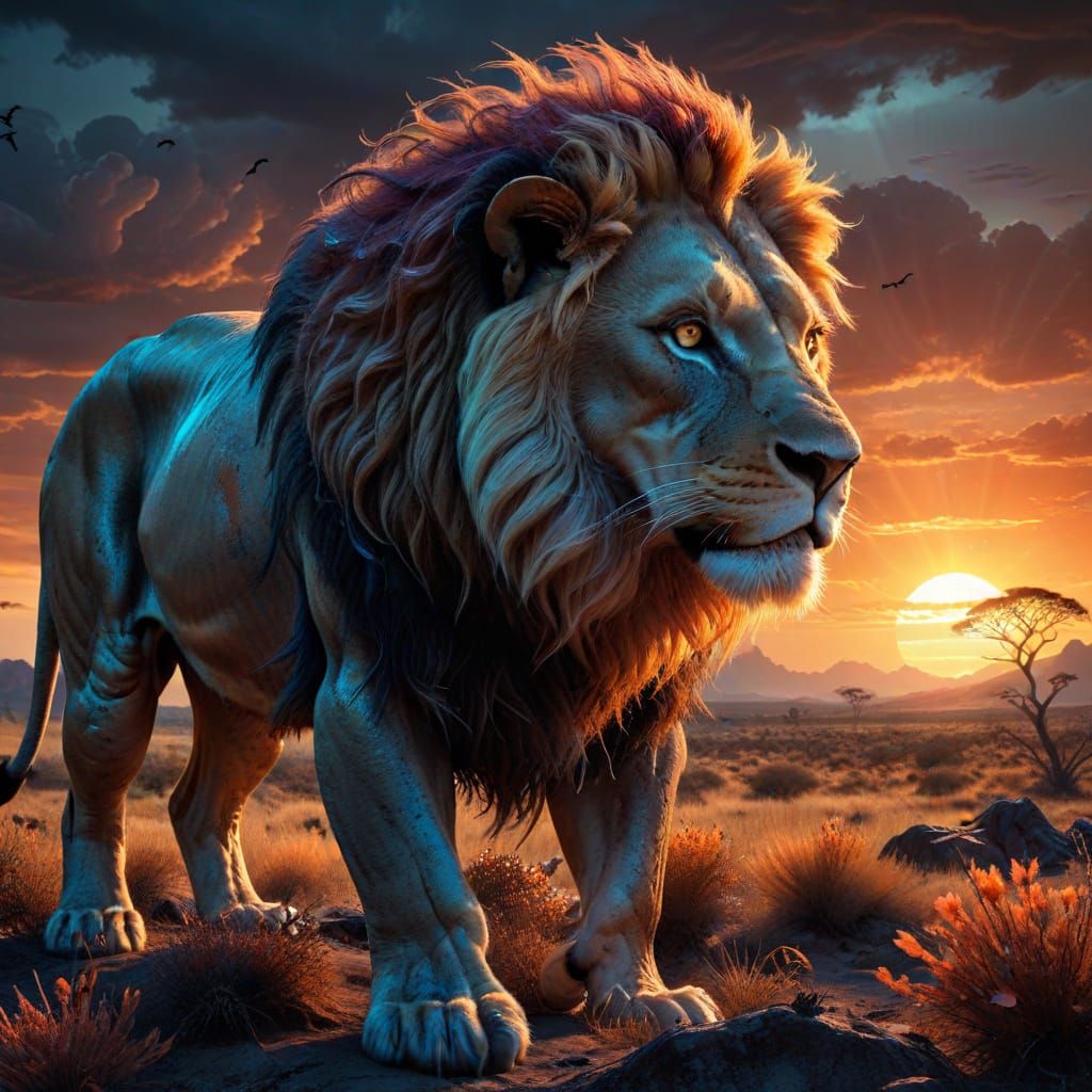 Majestic Lion on Alien Savanna Under Binary Sunset