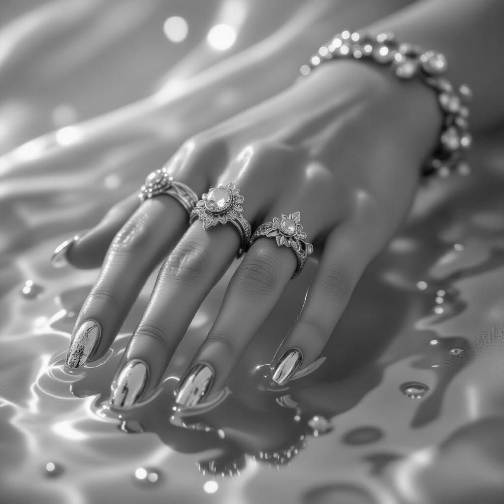 Surreal Hand with Ornate Gold Rings and Metallic Nails